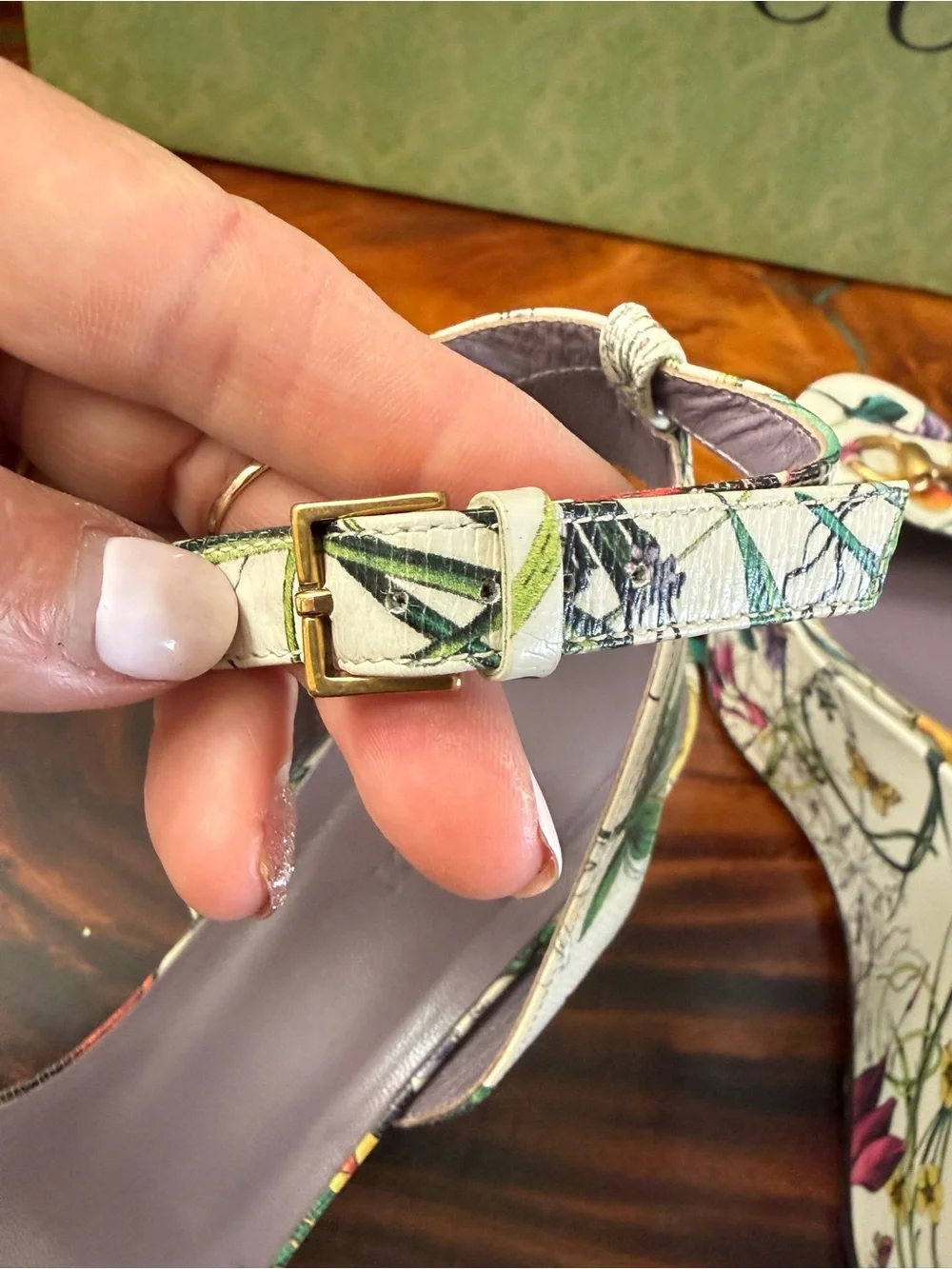 Gucci Floral Platform Sandals in White with Lavender Insole and Gold Hardware